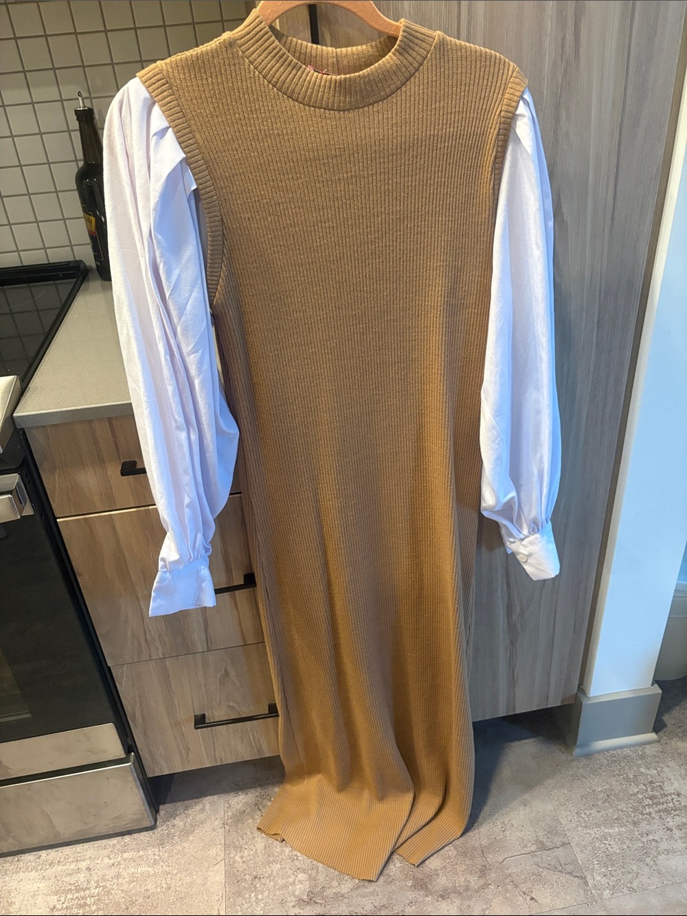 Camel Maxi Dress with White Poet Sleeves